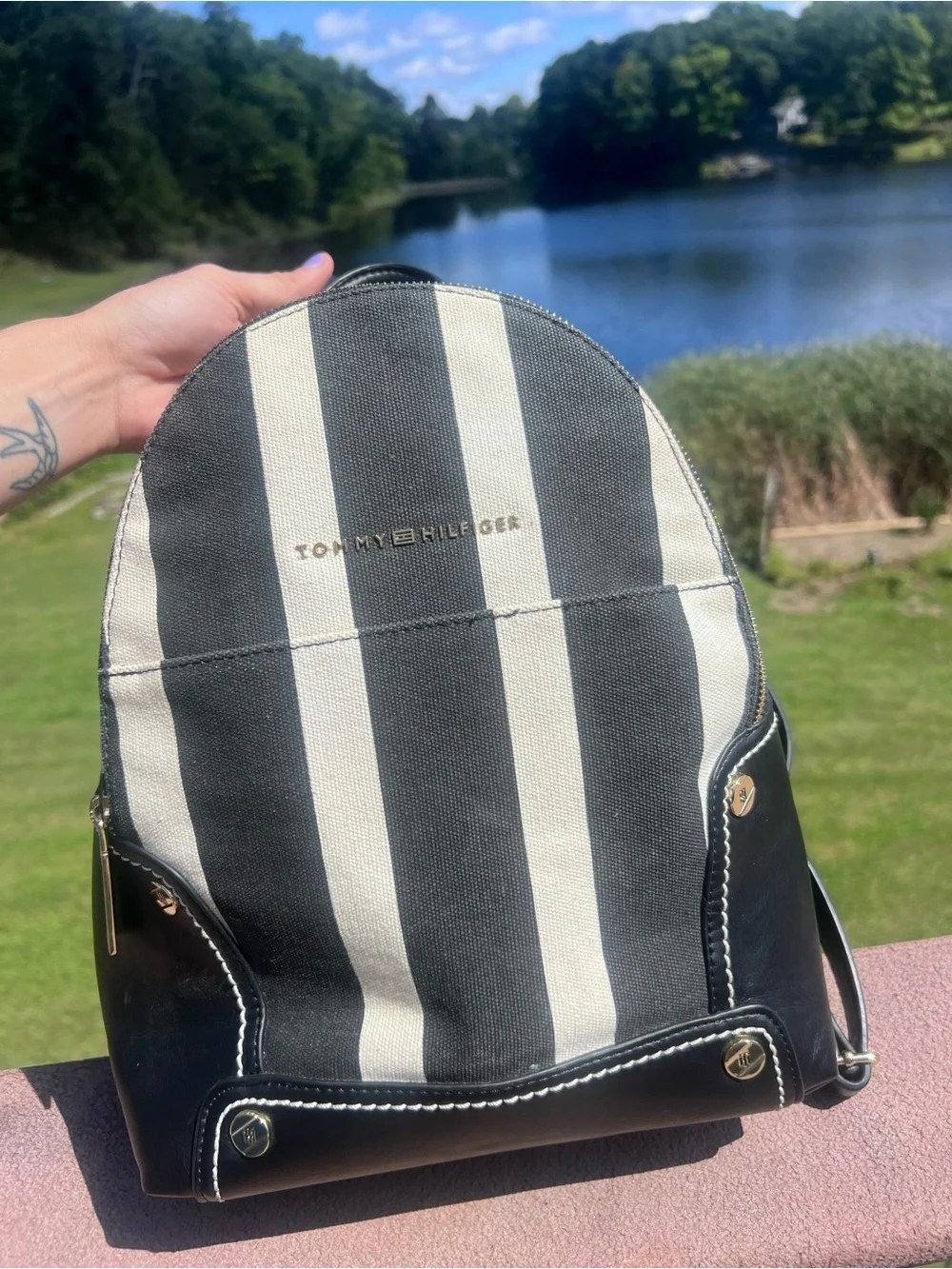 Tommy Hilfiger Black & White Striped Canvas Mini Backpack